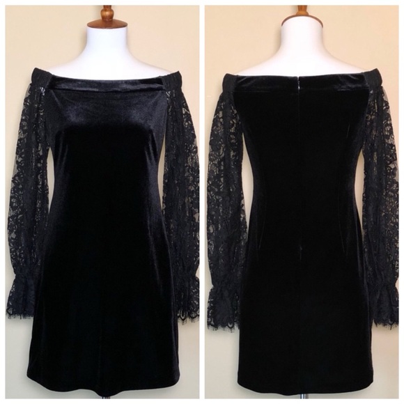 White House Black Market off the shoulder lace sleeve velvet dress Size 00 - Picture 3 of 6